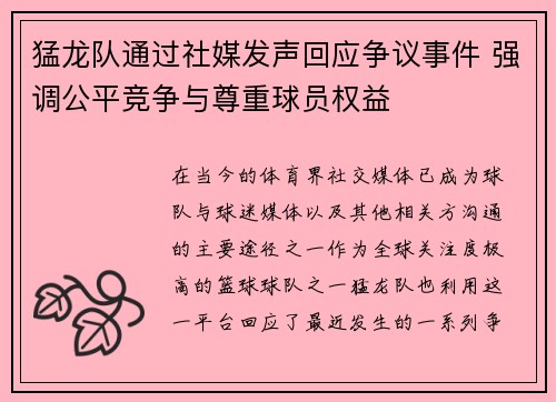 猛龙队通过社媒发声回应争议事件 强调公平竞争与尊重球员权益