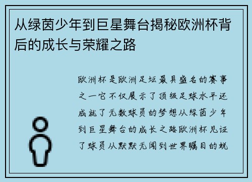 从绿茵少年到巨星舞台揭秘欧洲杯背后的成长与荣耀之路